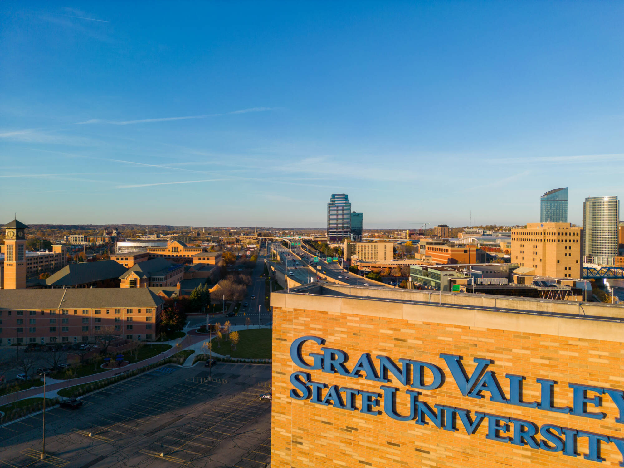 Exterior view of the signage on top of  L. William Seidman Center on Grand Valley State University's Pew Campus. Taken by Mitch Ranger with a drone in the Fall of 2022.